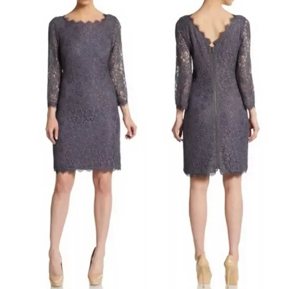 ☀️SALE☀️ Diane Von Furstenberg Zarita Grey Lace Back Zip Dress Size: 10 - Picture 2 of 9